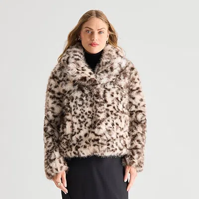 Worthington Womens Faux Fur Midweight Coat In Beige