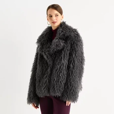 Worthington Womens Faux Fur Midweight Coat In Gray