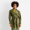 Worthington Womens Faux Leather Belted Jacket In Green