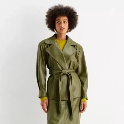 Worthington Womens Faux Leather Belted Jacket In Green