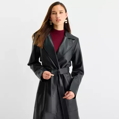 Worthington Womens Faux Leather Belted Lightweight Trench Coat In Black