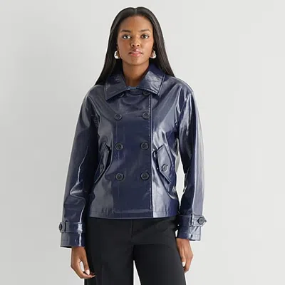 Worthington Womens Faux Leather Lightweight Jacket In Blue