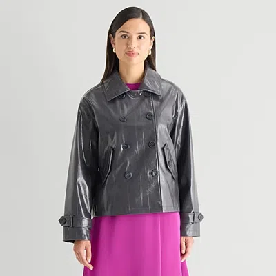 Worthington Womens Faux Leather Lightweight Jacket In Gray
