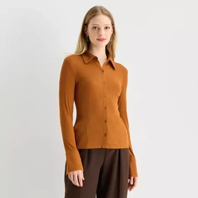 Worthington Womens Fitted Long Sleeve Regular Fit Button-down Shirt In Brown
