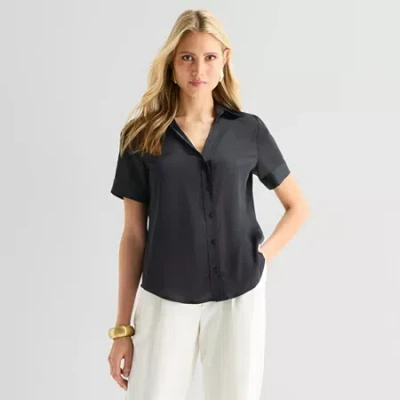 Worthington Womens Fitted Short Sleeve Regular Fit Button-down Shirt In Black