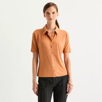 Worthington Womens Fitted Short Sleeve Regular Fit Button-down Shirt In Brown