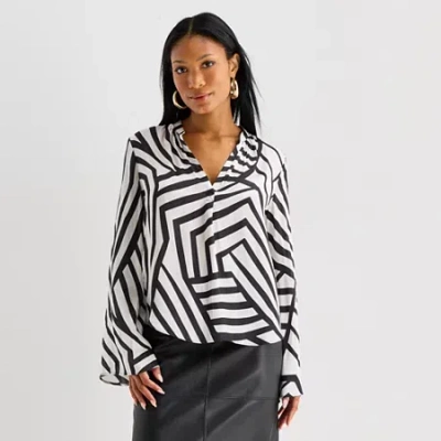 Worthington Womens Henley Neck Long Sleeve Satin Blouse In White