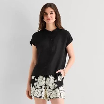 Worthington Womens Henley Neck Short Sleeve Blouse In Black