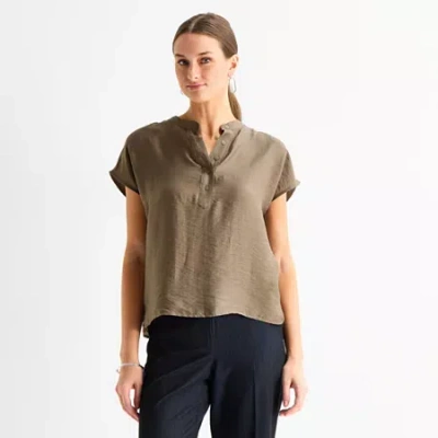 Worthington Womens Henley Neck Short Sleeve Blouse In Brown
