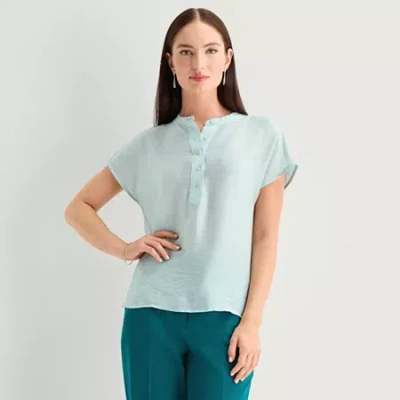 Worthington Womens Henley Neck Short Sleeve Blouse In Green