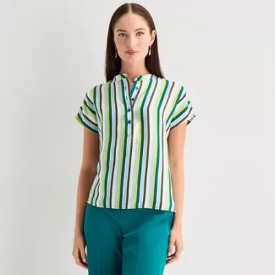 Worthington Womens Henley Neck Short Sleeve Blouse In Multi