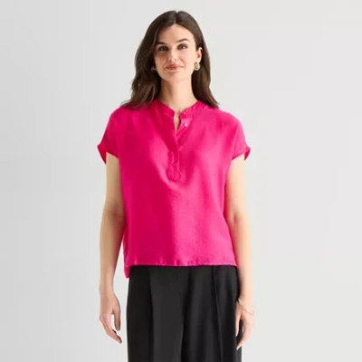 Worthington Womens Henley Neck Short Sleeve Blouse In Pink