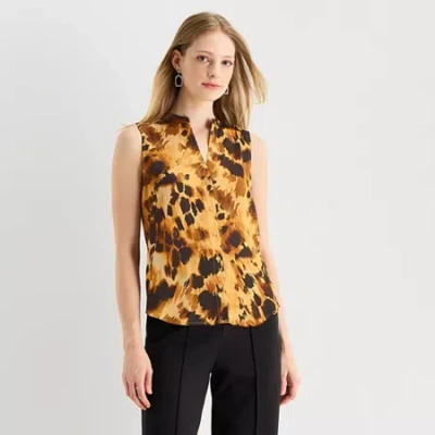 Worthington Womens Henley Neck Sleeveless Satin Blouse In Brown