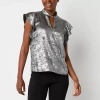 Worthington Womens Keyhole Neck Short Sleeve Satin Blouse In Gray