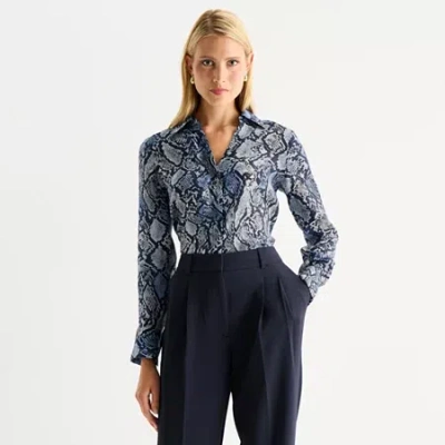 Worthington Womens Long Sleeve Blouse In Blue