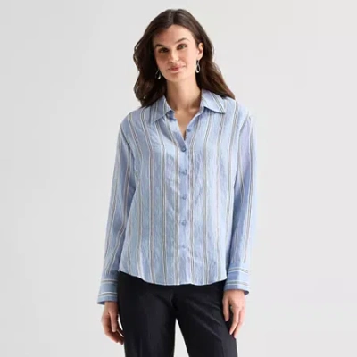 Worthington Womens Long Sleeve Blouse In Blue