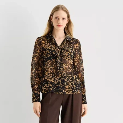Worthington Womens Long Sleeve Blouse In Brown