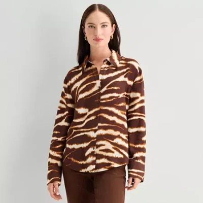 Worthington Womens Long Sleeve Blouse In Brown