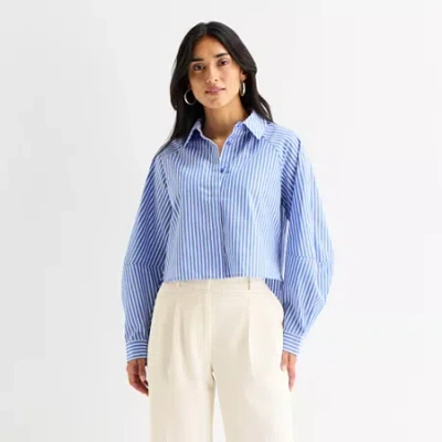 Worthington Womens Long Sleeve Crop Top In Blue