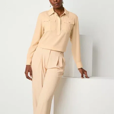 Worthington Womens Long Sleeve Crop Top In Brown