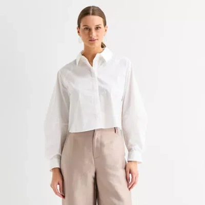 Worthington Womens Long Sleeve Crop Top In White