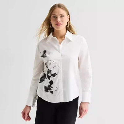 Worthington Womens Long Sleeve Embellished Button Front Shirt In White