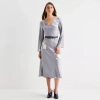 Worthington Womens Long Sleeve Floral Satin A-line Dress In Gray
