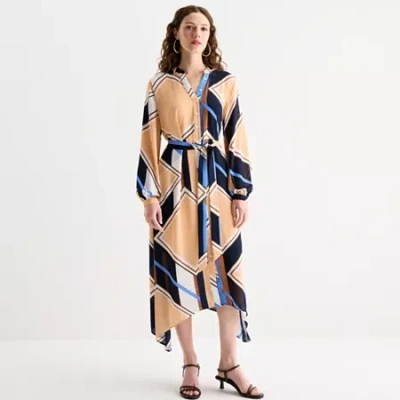 Worthington Womens Long Sleeve Geometric Shirt Dress In Brown