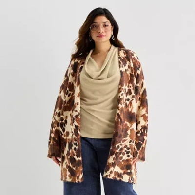 Worthington Womens Long Sleeve Open Front Plus Cheetah Cardigan In Brown