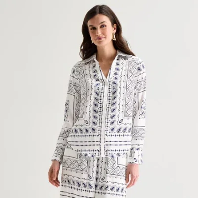 Worthington Womens Long Sleeve Paisley Slim Fit Button-down Shirt In Blue