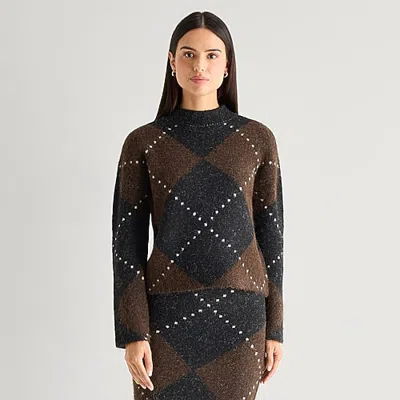 Worthington Womens Mock Neck Long Sleeve Argyle Pullover Sweater In Brown