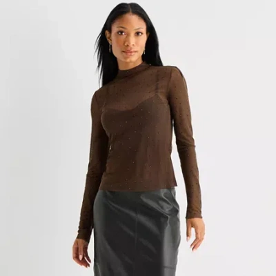 Worthington Womens Mock Neck Long Sleeve Blouse In Black