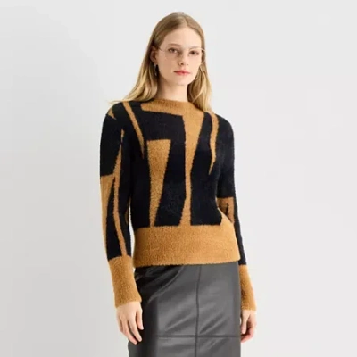 Worthington Womens Mock Neck Long Sleeve Geometric Pullover Sweater In Black