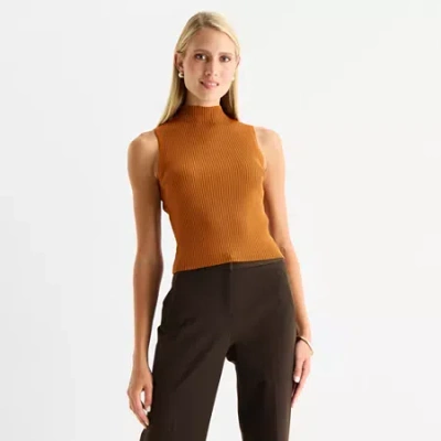 Worthington Womens Mock Neck Sleeveless Pullover Sweater In Brown