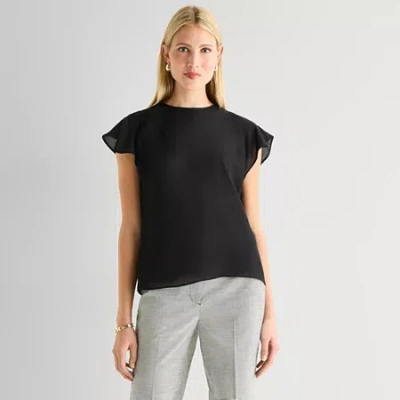 Worthington Womens Petite Crew Neck Short Sleeve Blouse In Black