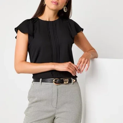 Worthington Womens Petite Round Neck Short Sleeve Blouse In Black