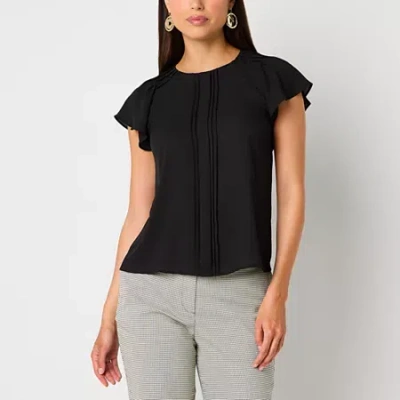 Worthington Womens Petite Round Neck Short Sleeve Blouse In Black
