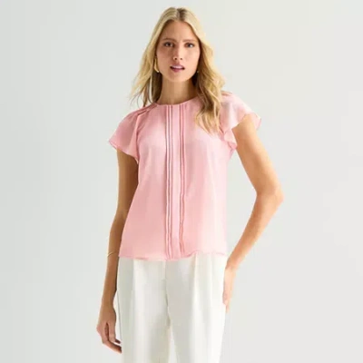 Worthington Womens Petite Round Neck Short Sleeve Blouse In Pink