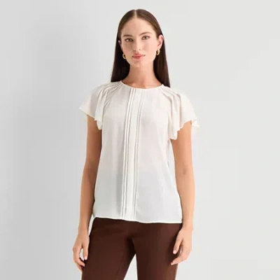 Worthington Womens Petite Round Neck Short Sleeve Blouse In White