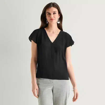 Worthington Womens Petite V Neck Short Sleeve Blouse In Black