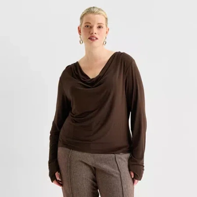 Worthington Womens Plus Cowl Neck Long Sleeve Blouse In Brown