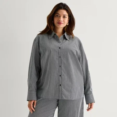 Worthington Womens Plus Cuffed Long Sleeve Oversized Button-down Shirt In Gray