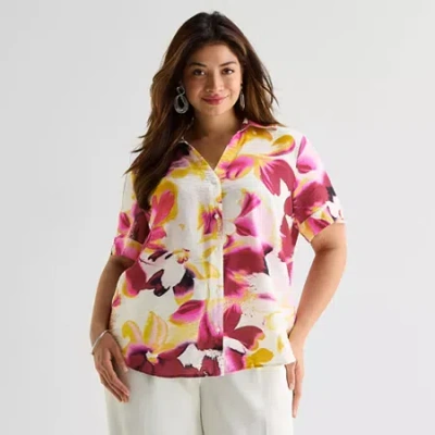 Worthington Womens Plus Cuffed Long Sleeve Slim Fit Button-down Shirt In Multi