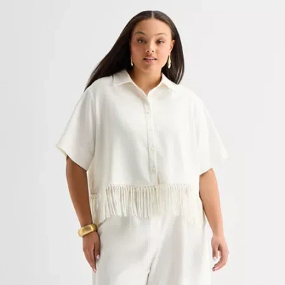 Worthington Womens Plus Cuffed Short Sleeve Regular Fit Button-down Shirt In White