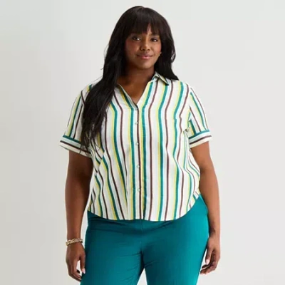 Worthington Womens Plus Cuffed Short Sleeve Slim Fit Button-down Shirt In Multi