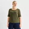Worthington Womens Plus Elbow Sleeve Regular Fit Henley Shirt In Green