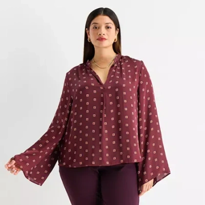 Worthington Womens Plus Henley Neck Long Sleeve Satin Blouse In Purple