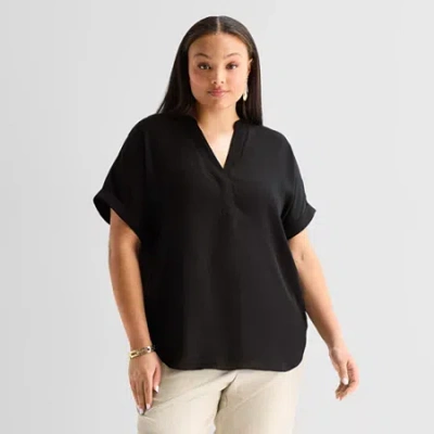 Worthington Womens Plus Henley Neck Short Sleeve Blouse In Black
