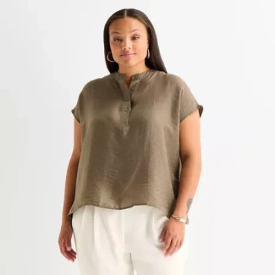 Worthington Womens Plus Henley Neck Short Sleeve Blouse In Brown