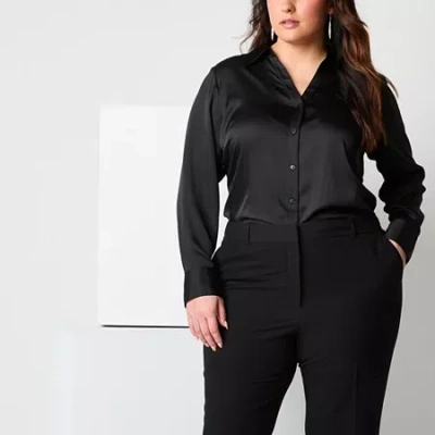 Worthington Womens Plus Long Sleeve Blouse In Black